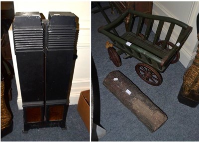 Lot 1191 - An early 20th century cast iron gas radiator, together with a painted wooden dog cart and a...