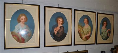 Lot 1199 - A set of four modern blocked colour prints of young women representing the four Seasons, 83cm...