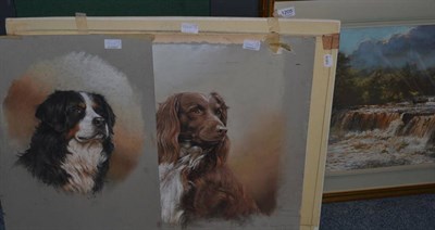 Lot 1205 - Roger Inman (20th century) River scene, pastel, signed together with two studies of dogs...