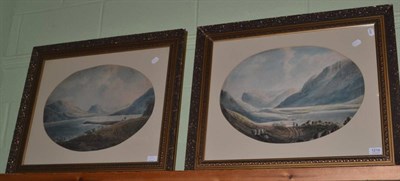 Lot 1218 - After John Varley: Figures in a lakeland landscape, watercolours, pair, 37cm by 51cm and 38cm...