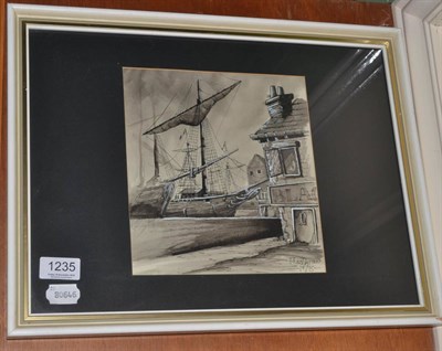 Lot 1235 - Russ Batten (20th century) Robin Hoods Bay, monotone watercolour, pen and ink, signed lower...