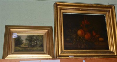 Lot 1240 - Follower of Edward Ladell, still life of fruit, oil on board together with figure on a wooded...