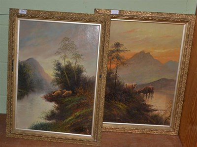 Lot 1242 - H. Graham (19th/20th century) highland cattle in landscapes, oil on board, signed, a pair, gilt...