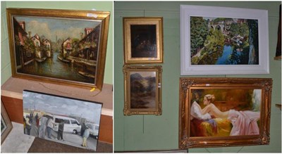 Lot 1246 - A collection of various 20th century oils including river scene, townscapes, figures in an...