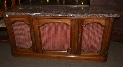 Lot 1291 - A side cabinet with marble top and three metal grill cupboards