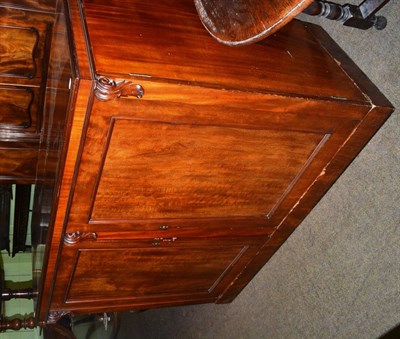 Lot 1367 - A Victorian mahogany panelled cupboard, the twin doors opening to reveal and arrangement of drawers