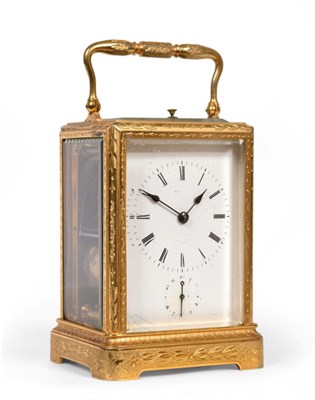 Lot 647 - A Gilt Brass Engraved Striking and Repeating Alarm Carriage Clock, signed Brunelot, circa 1870,...