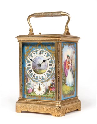 Lot 648 - A Gilt Brass Engraved Porcelain Mounted Striking and Repeating Alarm Carriage Clock, signed...