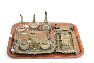 Lot 1 - A tray of Old Sheffield plate including inkstand and wine funnels