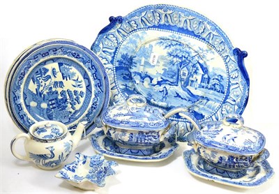 Lot 6 - A blue and white transfer printed pottery including a large tureen stand, pickle dish, two...