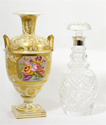 Lot 12 - Cut glass decanter and stopper with silver mount, 29cm high including stopper and Derby twin...