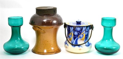 Lot 22 - Stoneware tobacco jar, biscuit barrel and a pair of hyacinth vases