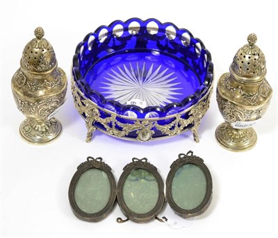 Lot 26 - Late 19th century French 950 silver ornate bowl with blue-overlay glass liner, a pair of...