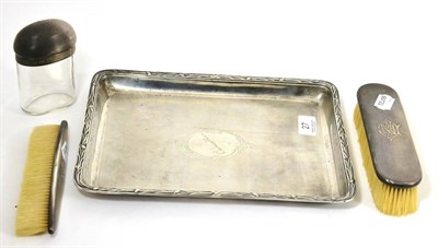 Lot 27 - Edwardian silver dressing table tray, Chester 1907, also an Asprey silver and glass jar and two...