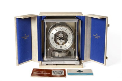 Lot 652 - A Rhodium Plated Atmos Clock, signed Jaeger LeCoultre, 2nd half 20th century, case with glazed...