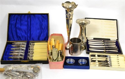 Lot 35 - Assorted flatware, silver mug, two bud vases, bone handled cutlery, etc