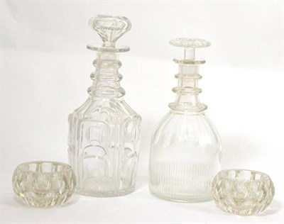 Lot 41 - A triple ring decanter, another decanter and two salts