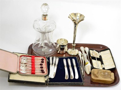 Lot 42 - Glass decanter with stopper, Mouseman oak ashtray, silver spill vase, flatwares, cased silver...