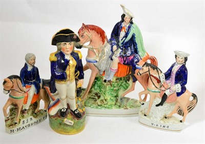 Lot 46 - Nelson pearlware character jug and three Staffordshire mounted figure groups (4)