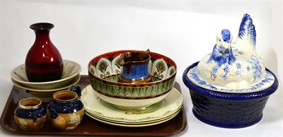 Lot 47 - Blue and white pottery egg crock, Doulton bowl and three plates, flambe vase, studio pottery...