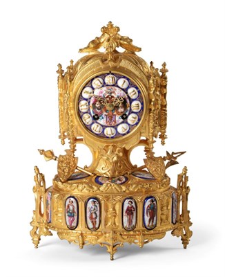 Lot 654 - A Gilt Metal and Porcelain Mounted Striking Mantel Clock, circa 1870, the Gothic style case...