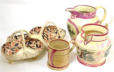 Lot 49 - Two large Sunderland pink lustre jugs and mug (a.f.) and a pair of pottery tri-lobed baskets...