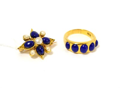 Lot 86 - A lapis lazuli five stone ring stamped '18ct' and a lapis lazuli and split pearl brooch