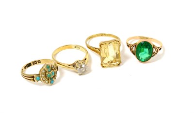 Lot 88 - A citrine ring, a turquoise and seed pearl cluster ring, a cubic zirconia solitaire ring and a...