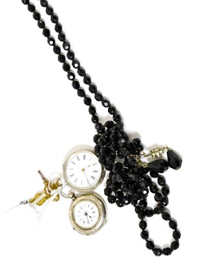 Lot 96 - Two silver mounted pocket watches with keys and a bead necklace (3)