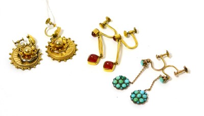 Lot 111 - A pair of turquoise set drop earrings, a pair of Victorian drop earrings and a pair of...