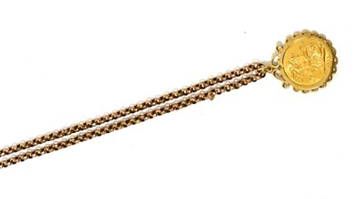 Lot 112 - A 1914 sovereign, loose mounted as a pendant, on a faceted belcher link chain, pendant length...