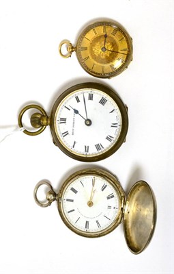 Lot 116 - A lady's fob watch, cylinder movement, gold coloured dial with Roman numerals, floral engraved back