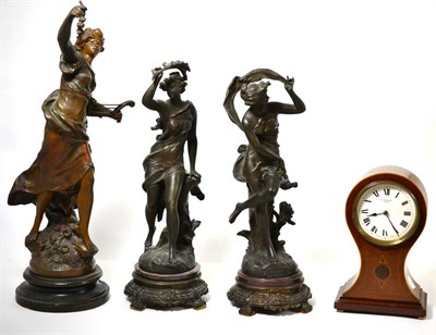 Lot 158 - Three Spelter figures and an inlaid clock