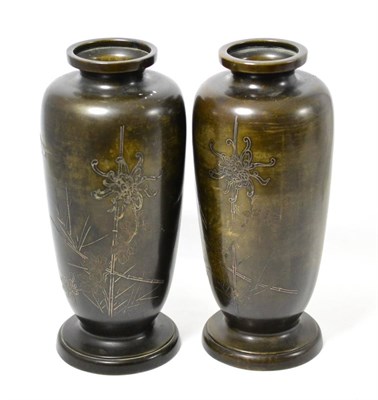 Lot 160 - A pair of Japanese bronze vases with silver wire inlay, late 19th/ early 20th century, 31.5cm high