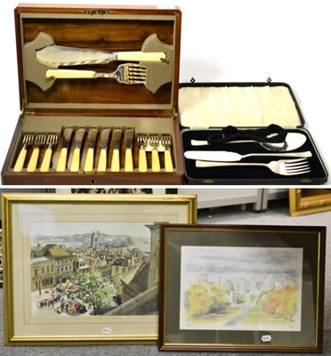 Lot 186 - A set of fish knives and forks and servers in a walnut case, a Royal Doulton figure Bo Peep, a...