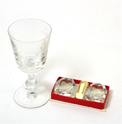 Lot 206 - A pair of Baccarat glass salts in original box and a wine glass etched with a stag inscribed Orr 75