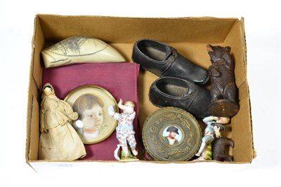 Lot 213 - A pair of child's clogs, gilt metal box, pair of miniature portraits, two Bavarian bears, a pair of