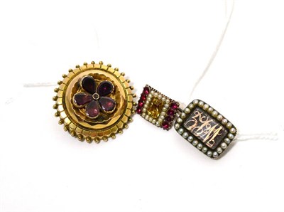 Lot 221 - A yellow metal brooch set with garnets, a mourning brooch set with seed pearls engraved to...