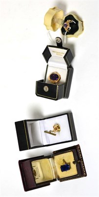 Lot 242 - Three various gold and gem set rings and a gold and gem set tie pin