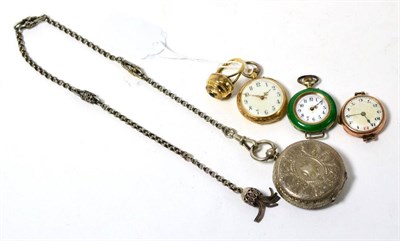 Lot 259 - A lady's fob watch, case stamped 14k, green enamel fob watch, lady's fob watch stamped 0935...