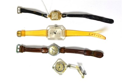 Lot 275 - A vintage Cord lady's chromed wristwatch, 1952 9ct lady's wristwatch, Lucerne Trice Plexiglas...