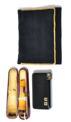 Lot 276 - Vintage Asprey black silk wallet with 9ct gold edging, Flaminaire gas lighter with initials in 18ct