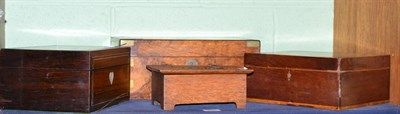 Lot 314 - A brass bound walnut writing slope, two hinged jewellery boxes and an oak cigarette box