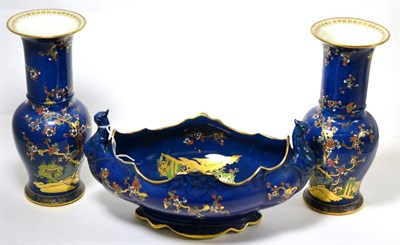 Lot 337 - Carltonware oval twin handled dish and a pair of similar baluster vases