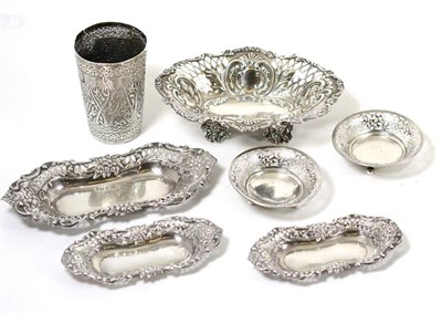 Lot 339 - Silver embossed and pierced bonbon dishes and trays and a white metal beaker