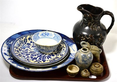 Lot 344 - A Victorian earthenware jug, two blue and white plates, an 18th century Dutch tin glazed dish...