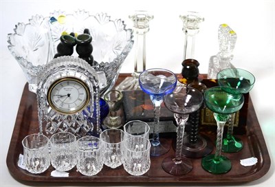 Lot 345 - A group including a Waterford Crystal mantle clock, tortoiseshell travelling timepiece, Bohemia...