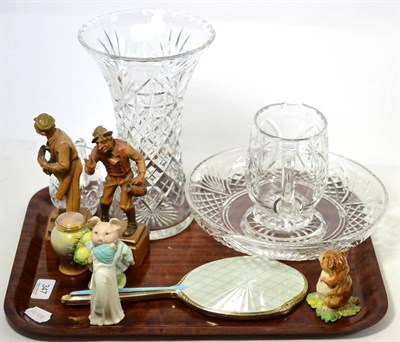 Lot 347 - Webb cut glass flared vase and jug, Stuart Crystal low bowl, two carved figure groups, small enamel