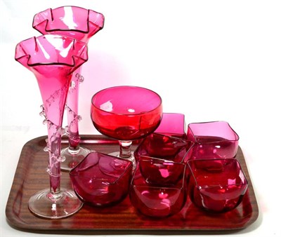 Lot 362 - Pair of cranberry vases and other cranberry glass