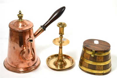 Lot 363 - Circa 1700 candlestick, a copper chocolate pot and a stave salt